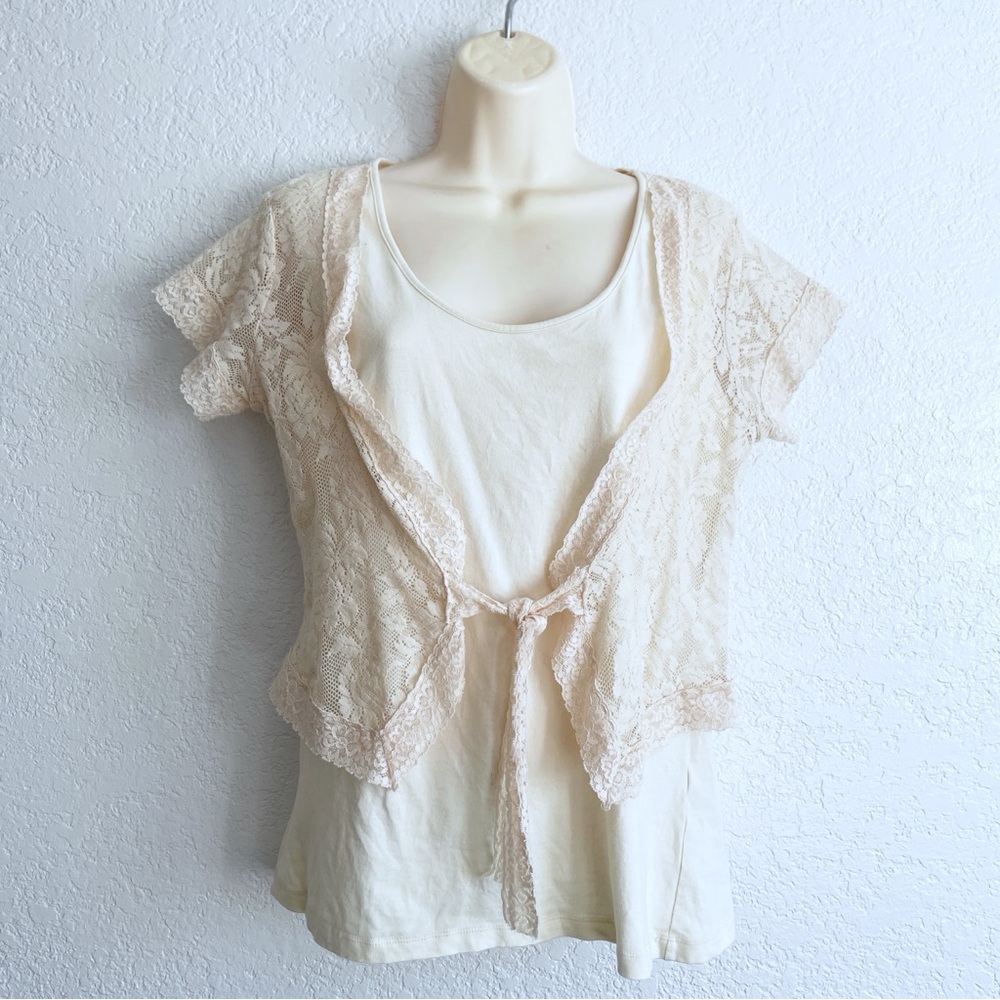 Y2K Vintage Cream Lace Vest Tie-Front Layered Top Medium Baby Doll Fairy Western